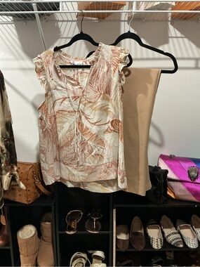 DKNY Cream Floral Print Ruffle Sleeve Camisole